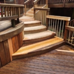 A wooden deck staircase